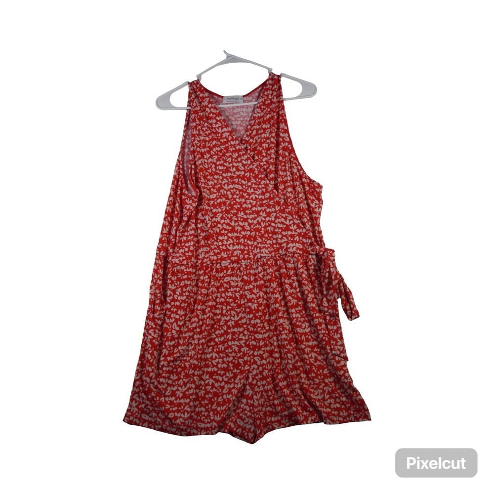 Kaileigh Romper Womens 1X Plus Red Floral Sleeveless Side Tie Surplice Neck